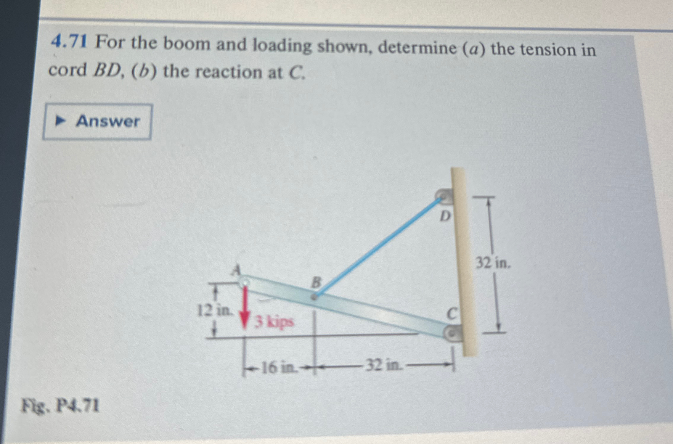4 . 7 1 For the boom and loading shown, determine