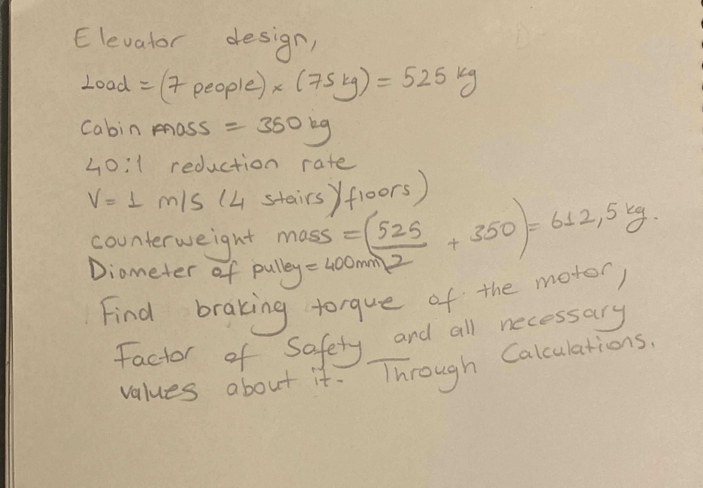 Elevator design, Load = ( 7 people ) ( 7 5 k g )