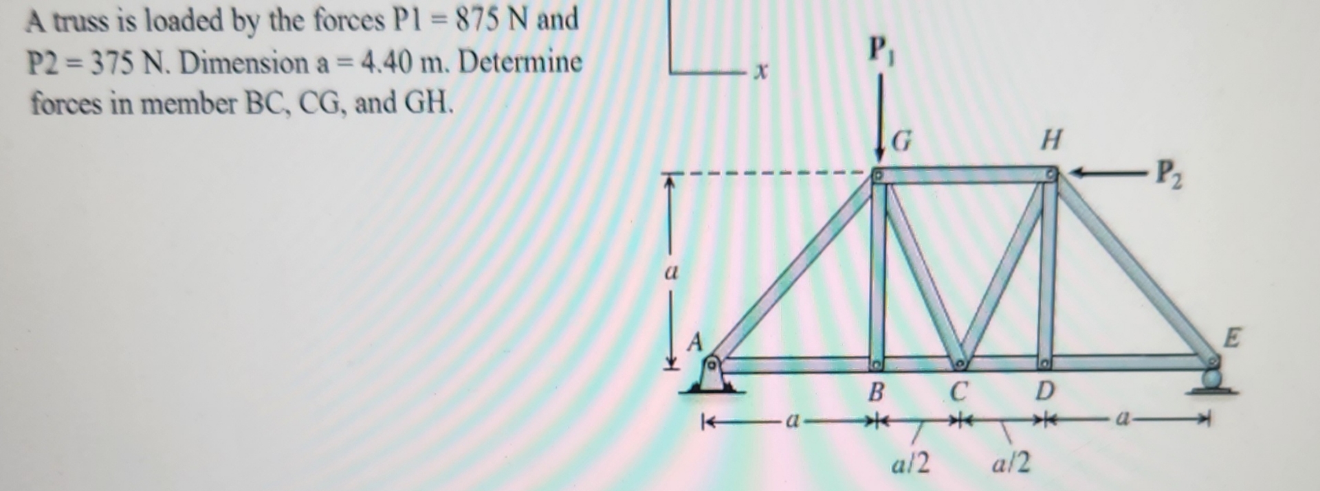 A truss is loaded by the forces P l = 8 7 5 N and