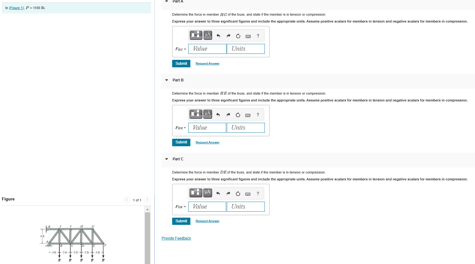 Part A Determine the force in member \ ( H G \ )