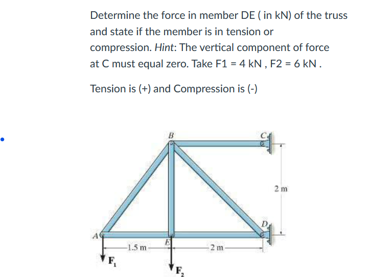Determine the force in member DE ( in kN ) of the
