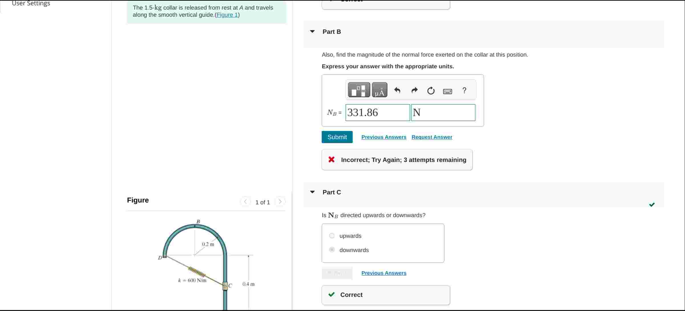 The 1 . 5 - kg collar is released from rest at A