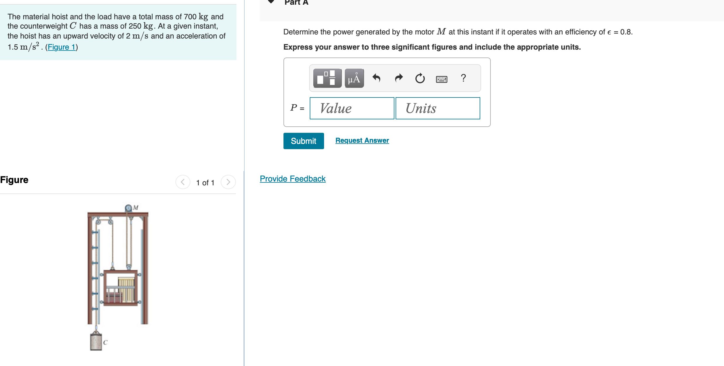 The material hoist and the load have a total mass