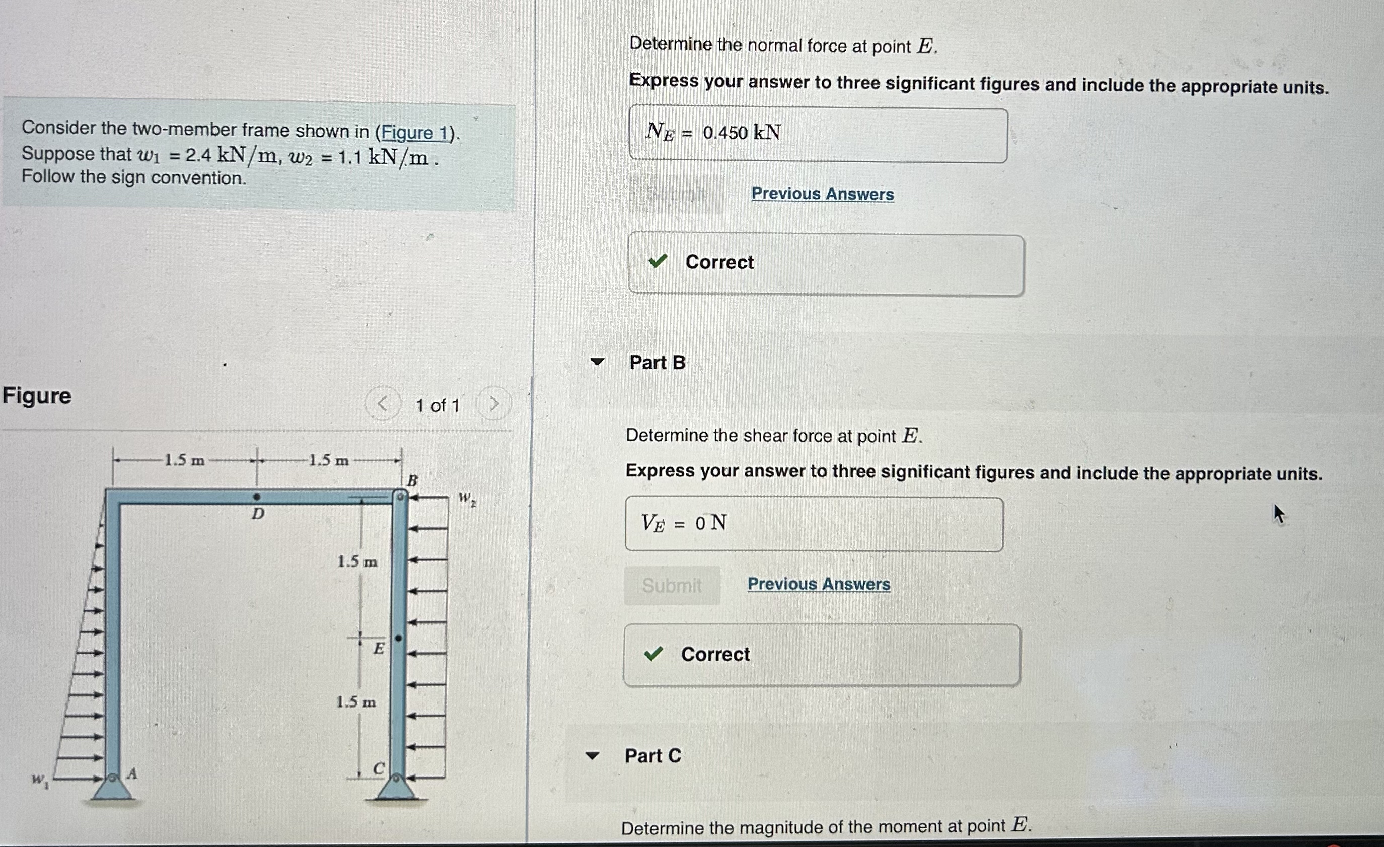 Determine the normal force at point E . Express
