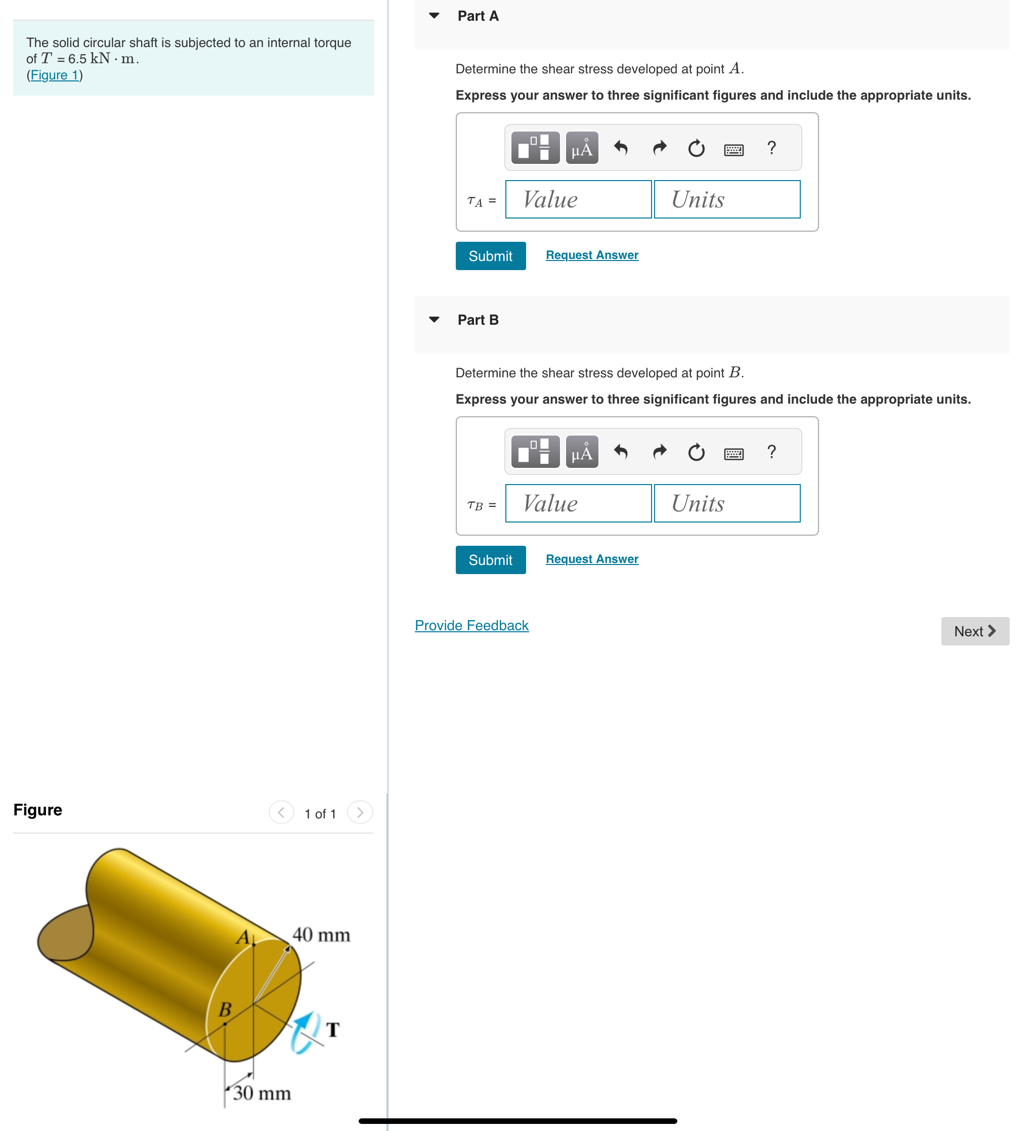 The solid circular shaft is subjected to an
