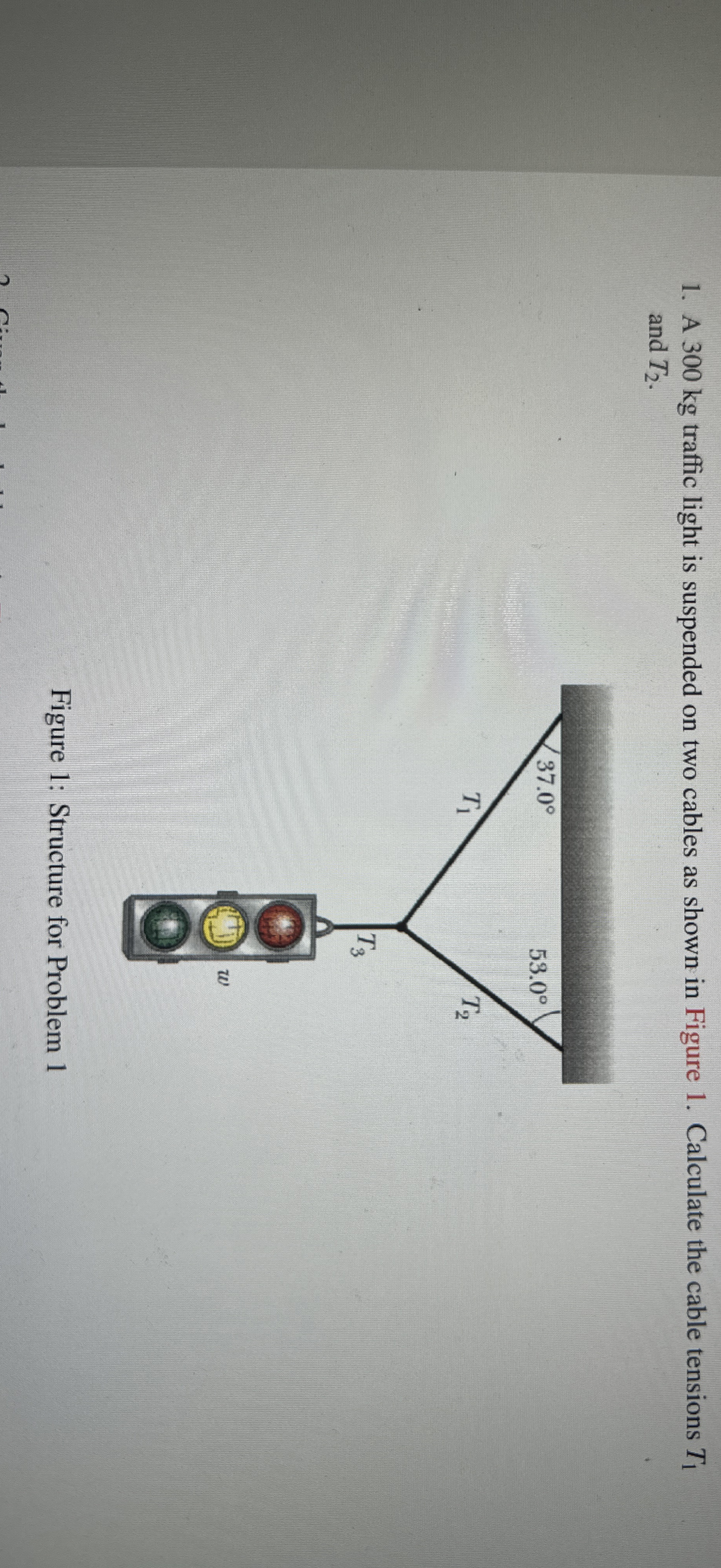 A 3 0 0 kg traffic light is suspended on two