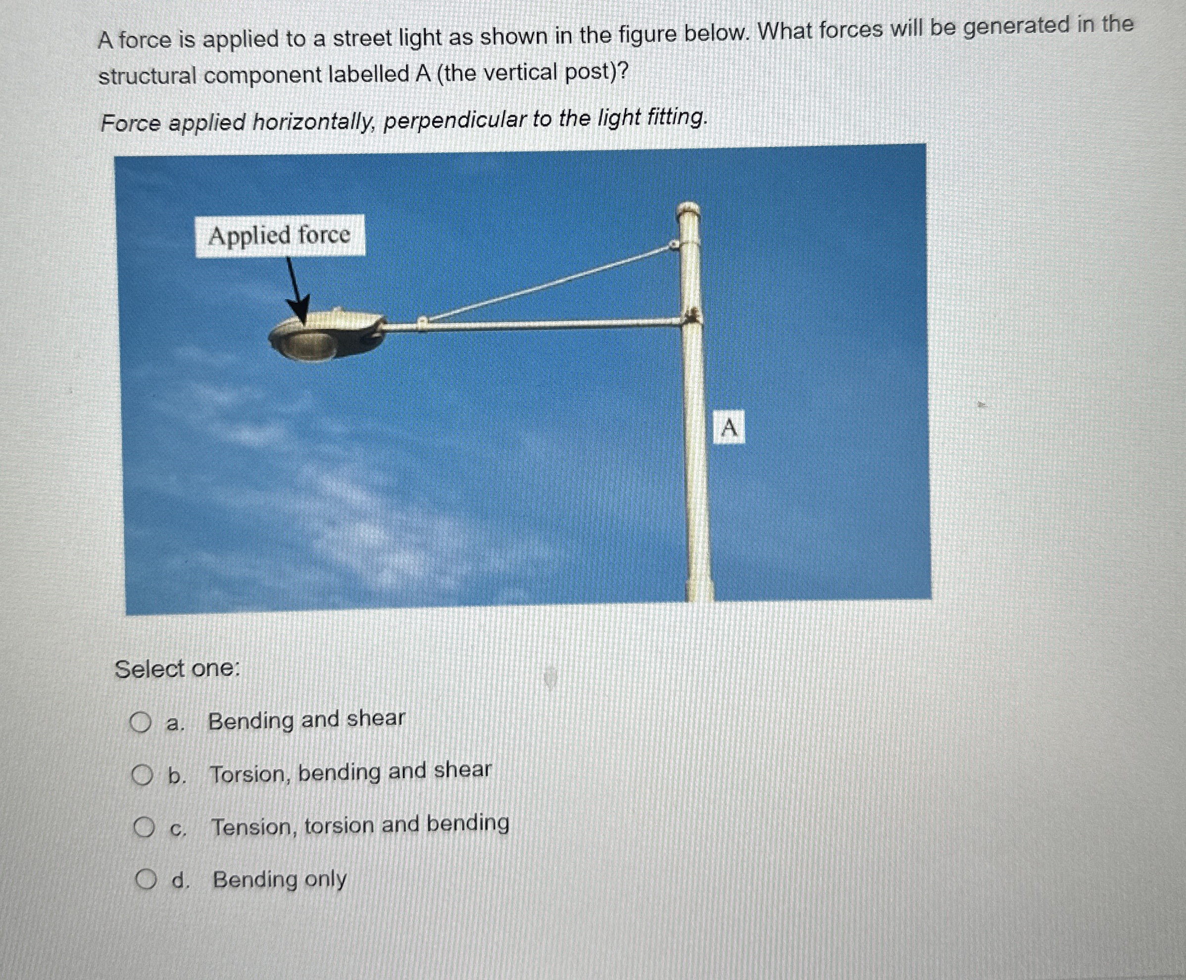 A force is applied to a street light as shown in