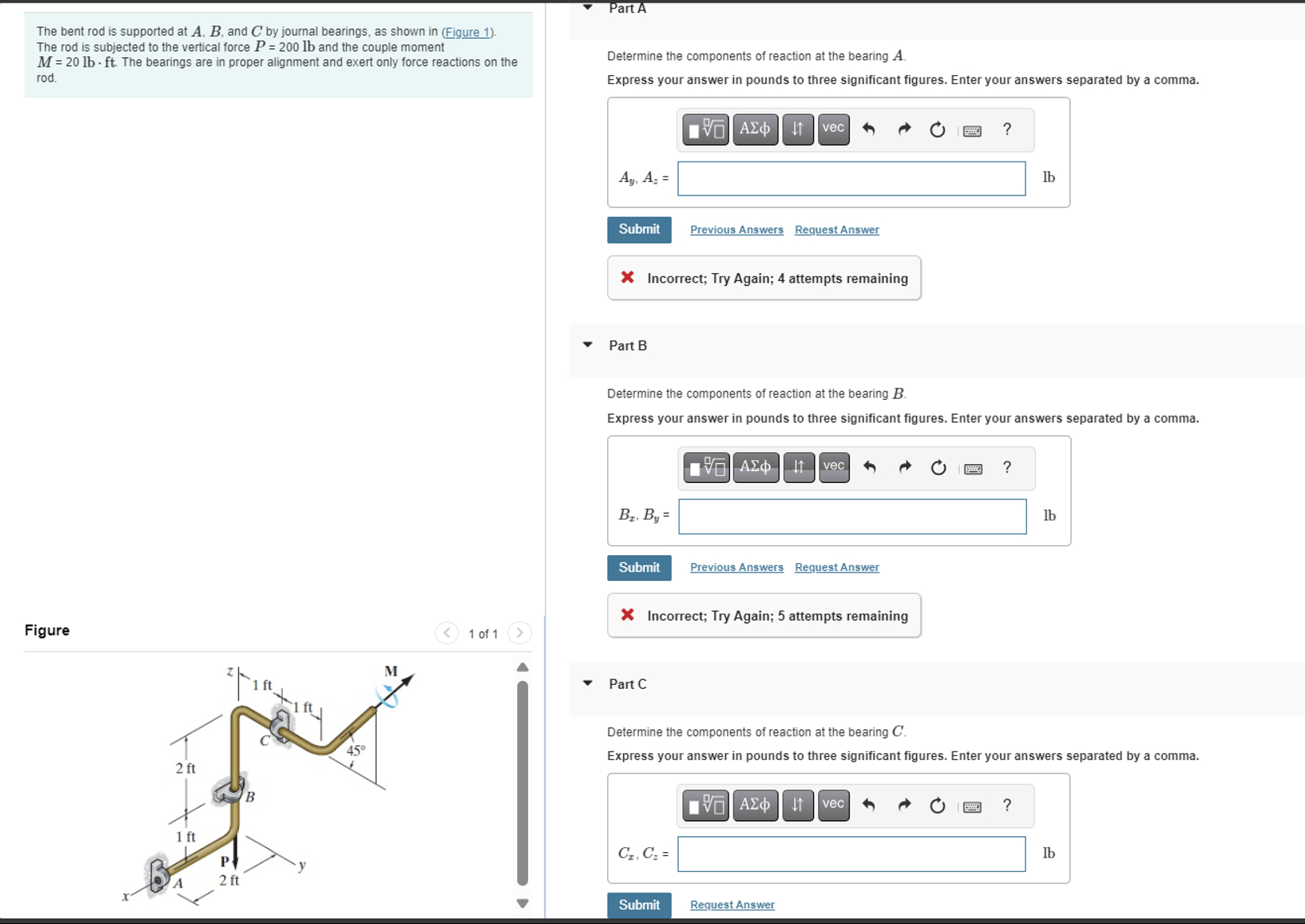 The bent rod is supported at A , B , and C by