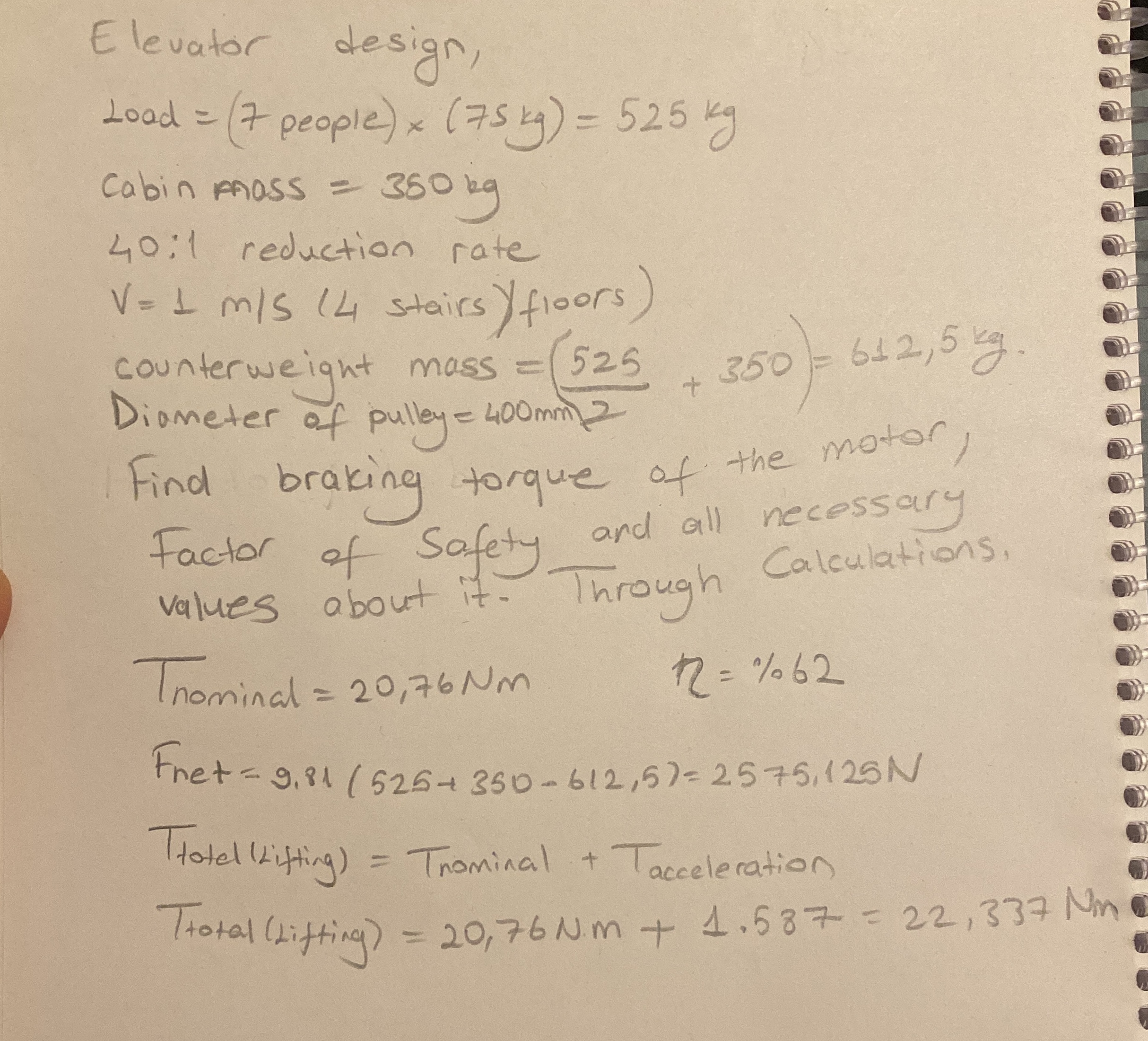 Elevator design, lood = ( 7 people ) ( 7 5 k g )