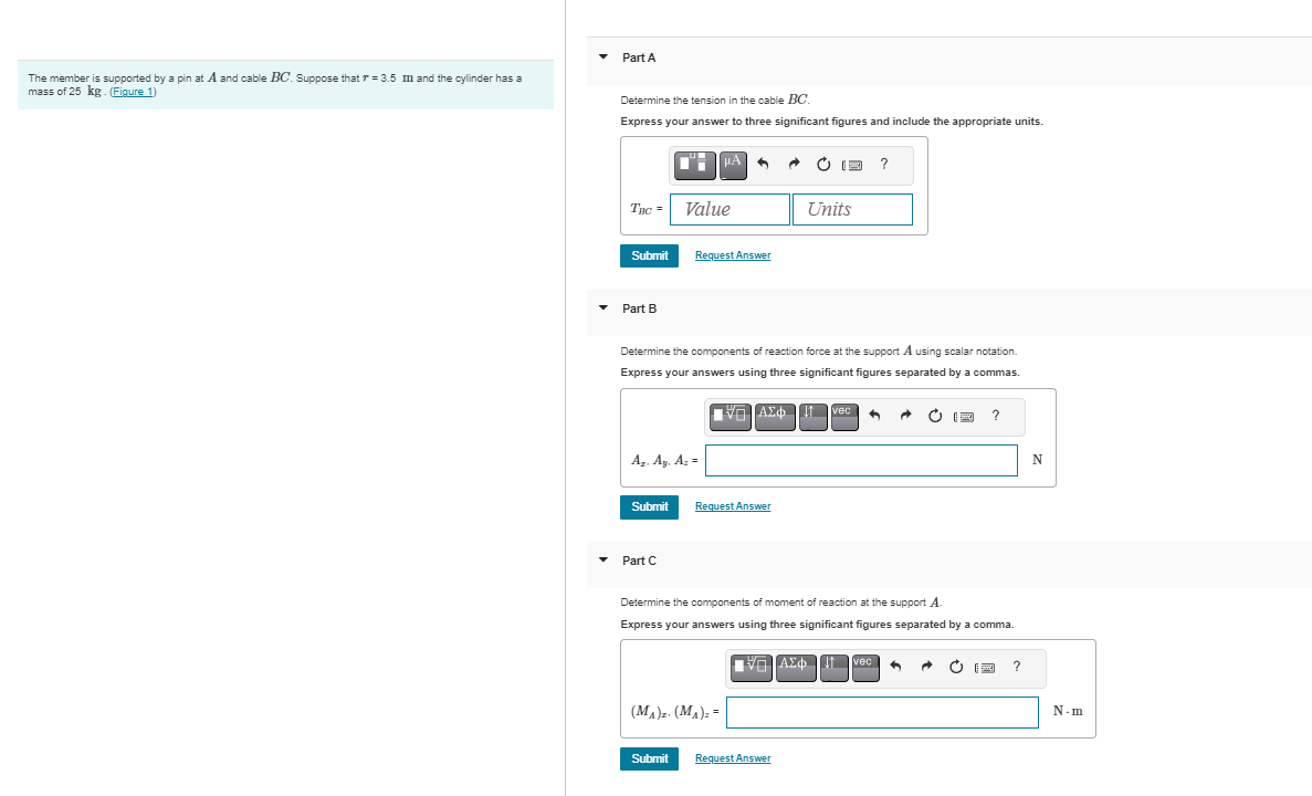 The member is supported by a pin at \ ( A \ ) and