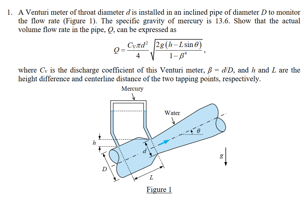 A Venturi meter of throat diameter d is installed