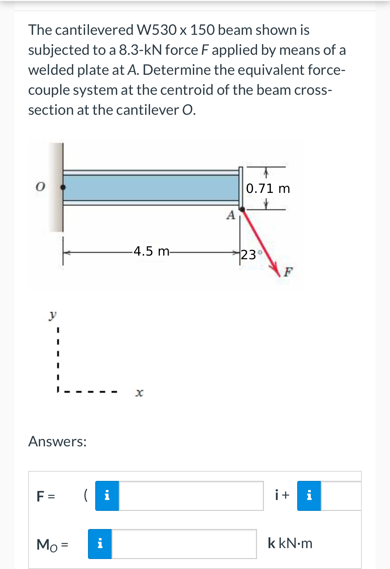 The cantilevered W 5 3 0 1 5 0 beam shown is