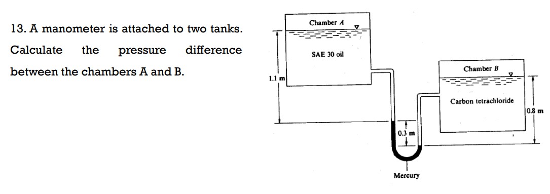 1 3 . A manometer is attached to two tanks.