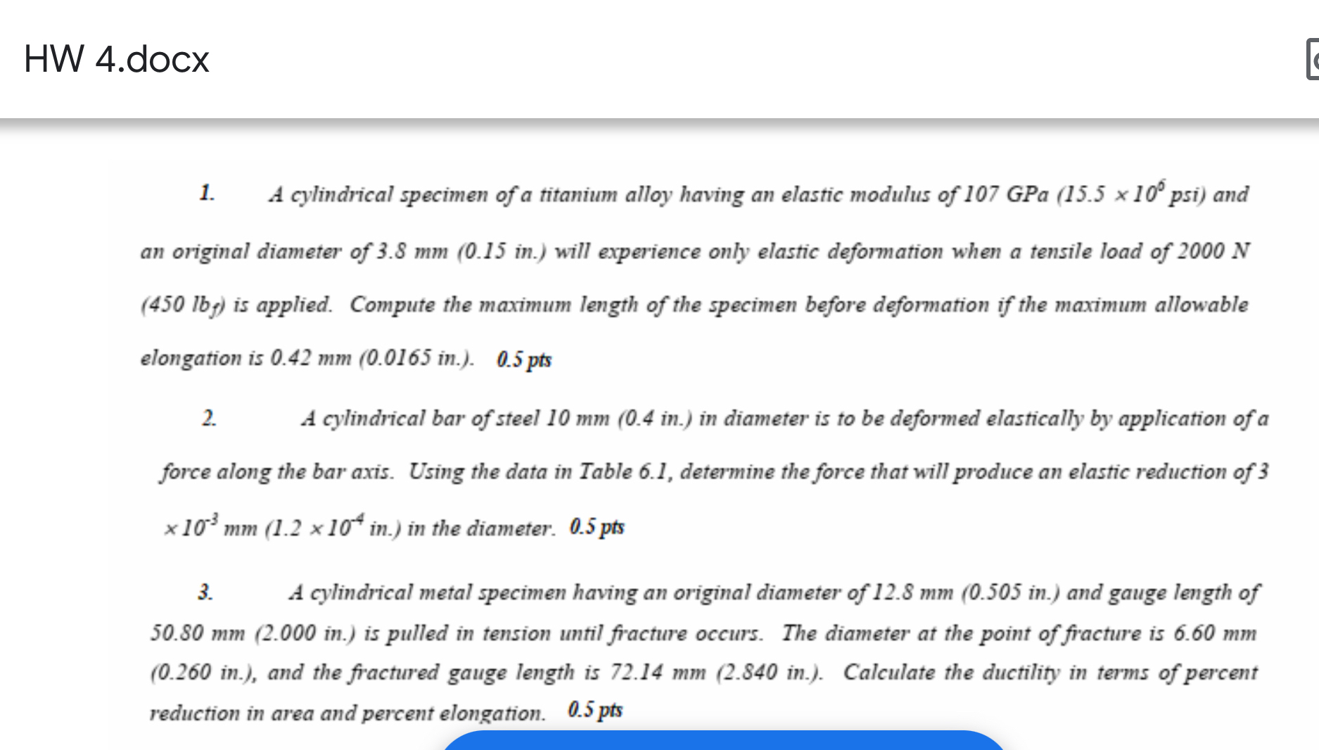 HW 4 . docx A cylindrical specimen of a titanium