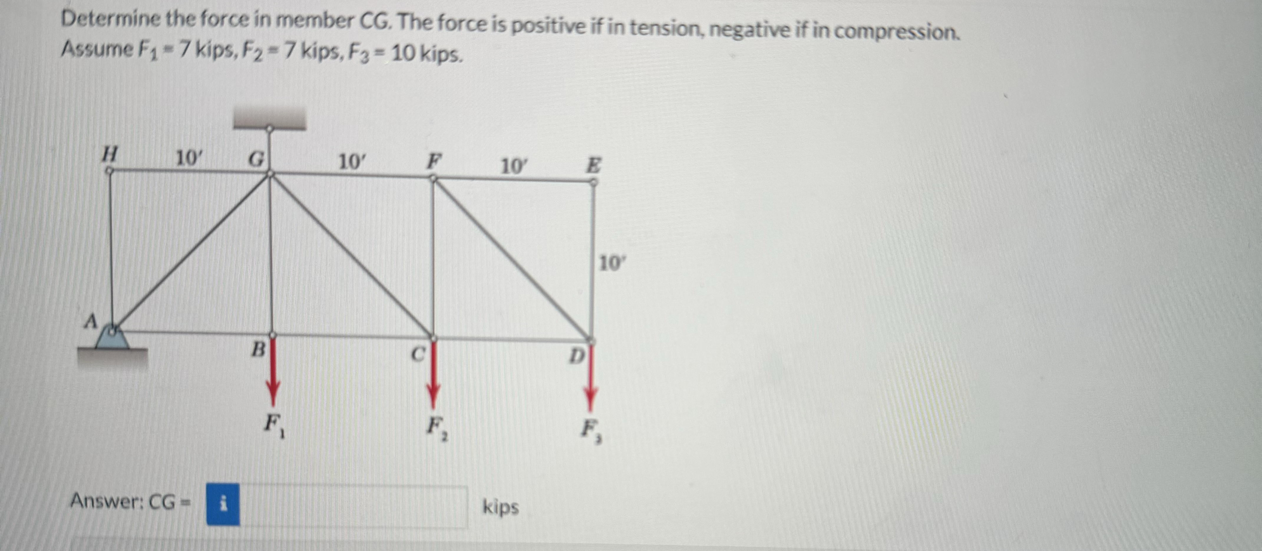 Determine the force in member CG . The force is