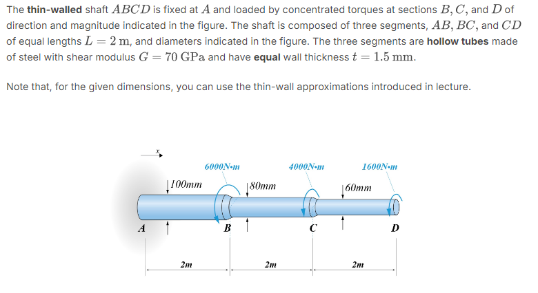 The thin - walled shaft ABCD is fixed at A and