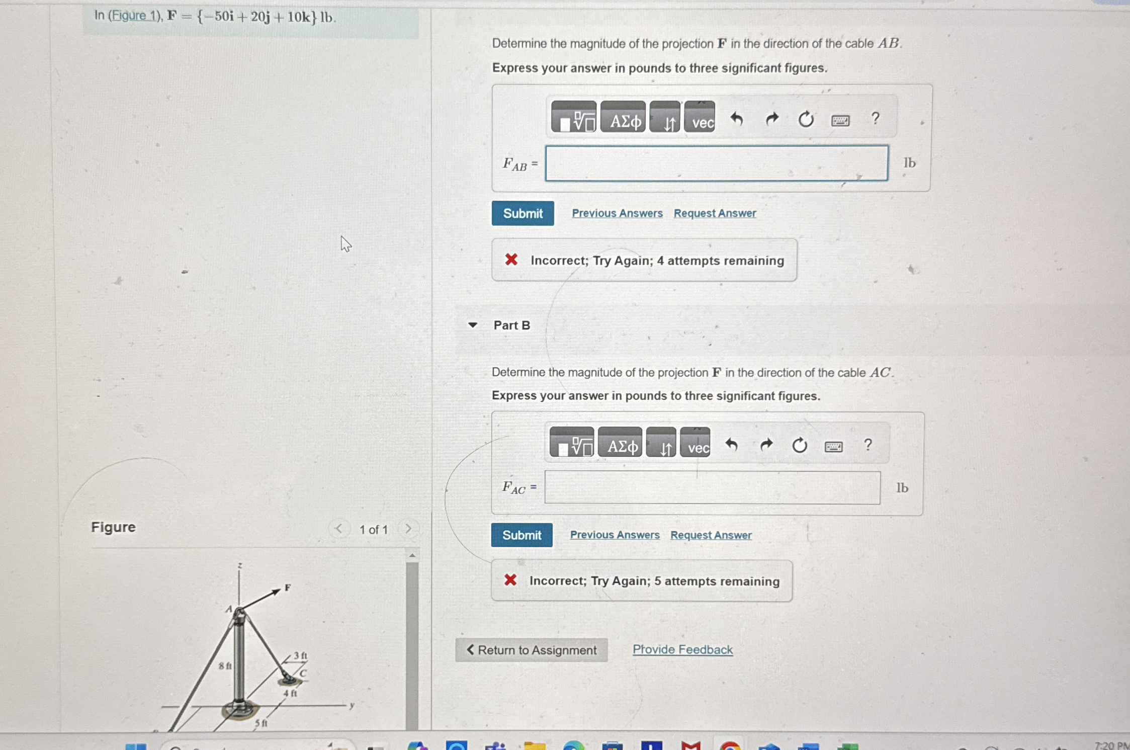 Figure 1 ) , F = { - 5 0 i + 2 0 j + 1 0 k } l b
