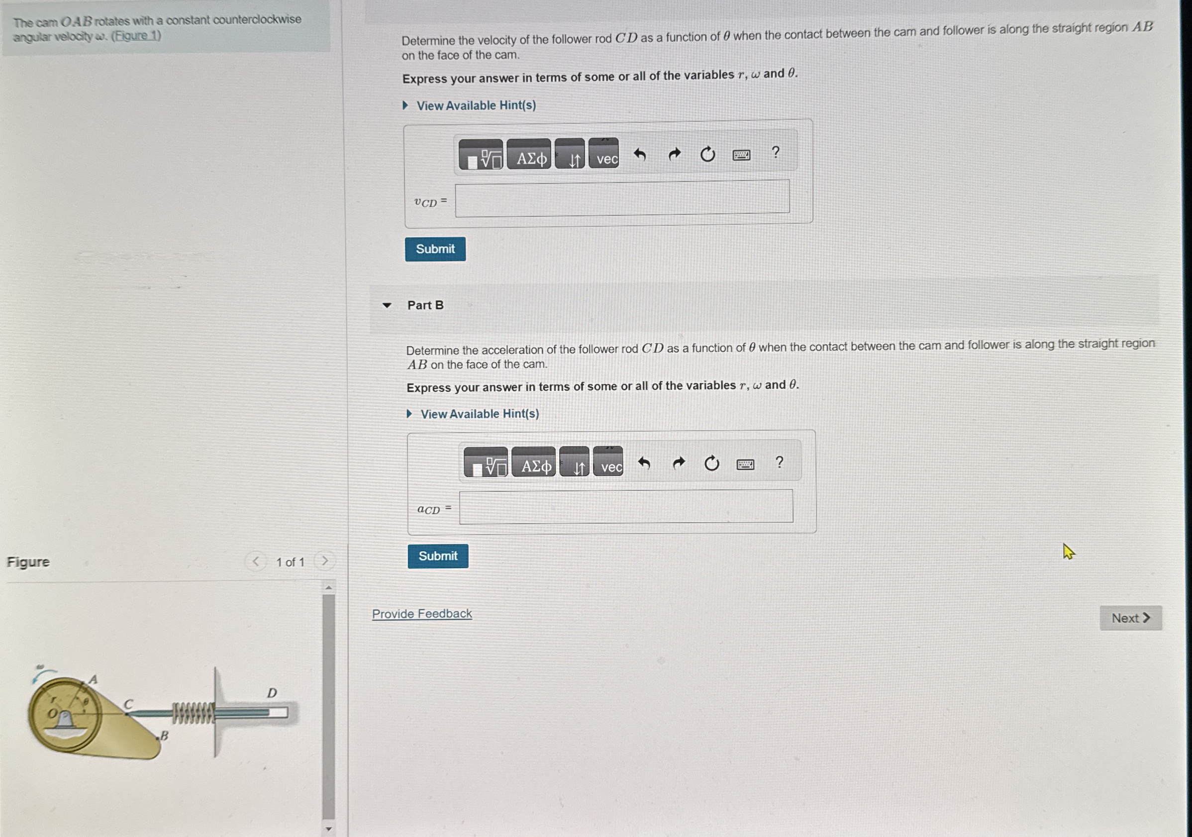 The cam OAB rotates with a constant