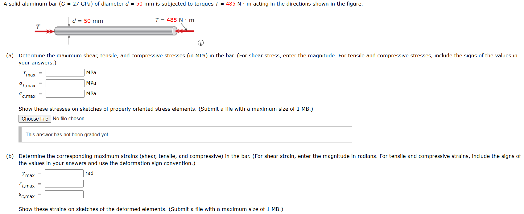 A solid aluminum bar ( G = 2 7 GPa ) of diameter