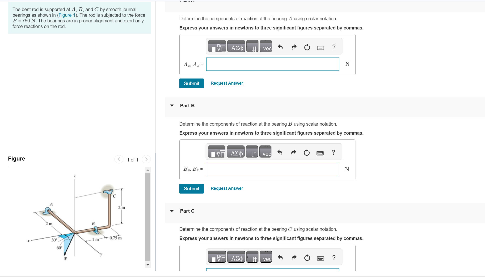 The bent rod is supported at A , B , and C by