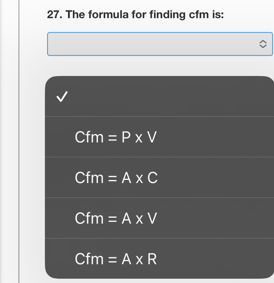 The formula for finding cfm is: C f m = P V C f m