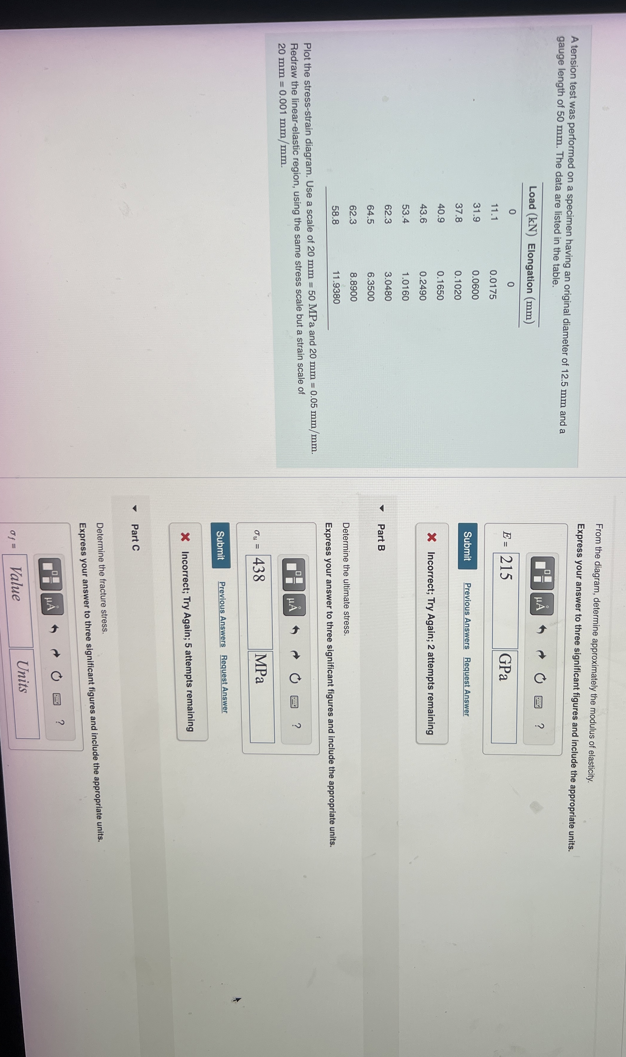 A tension test was performed on a specimen having