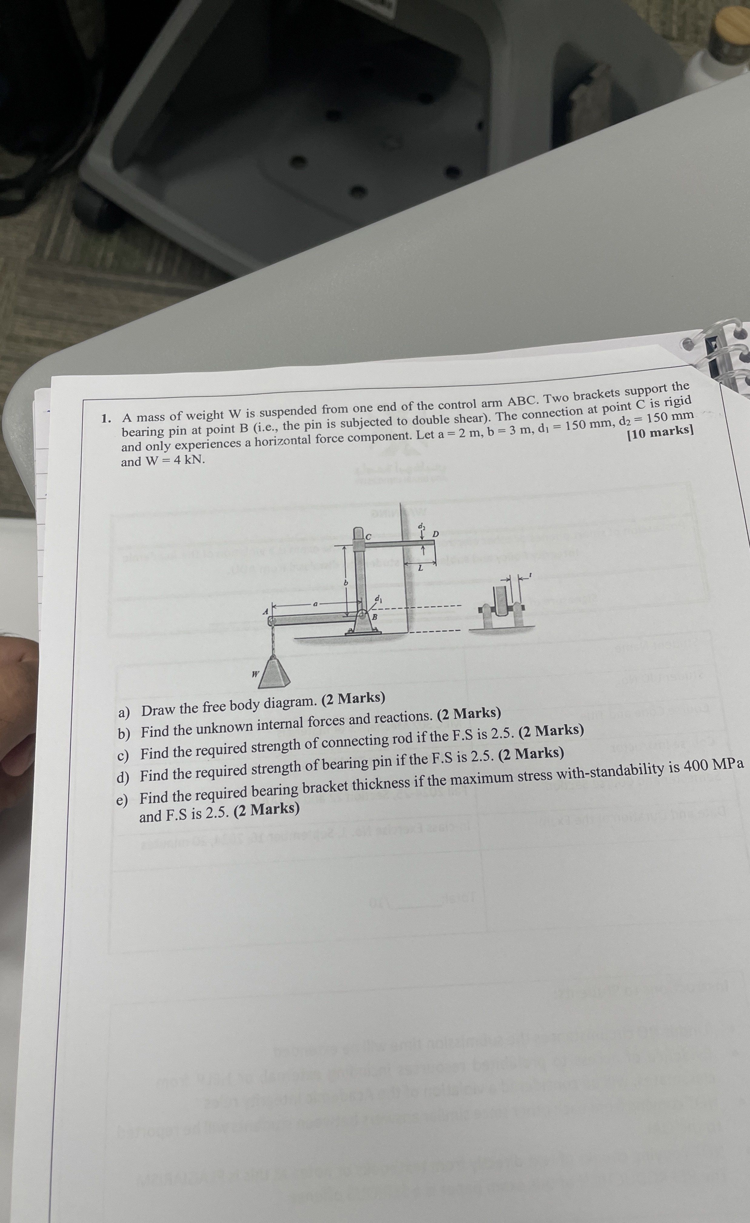 A mass of weight W is suspended from one end of