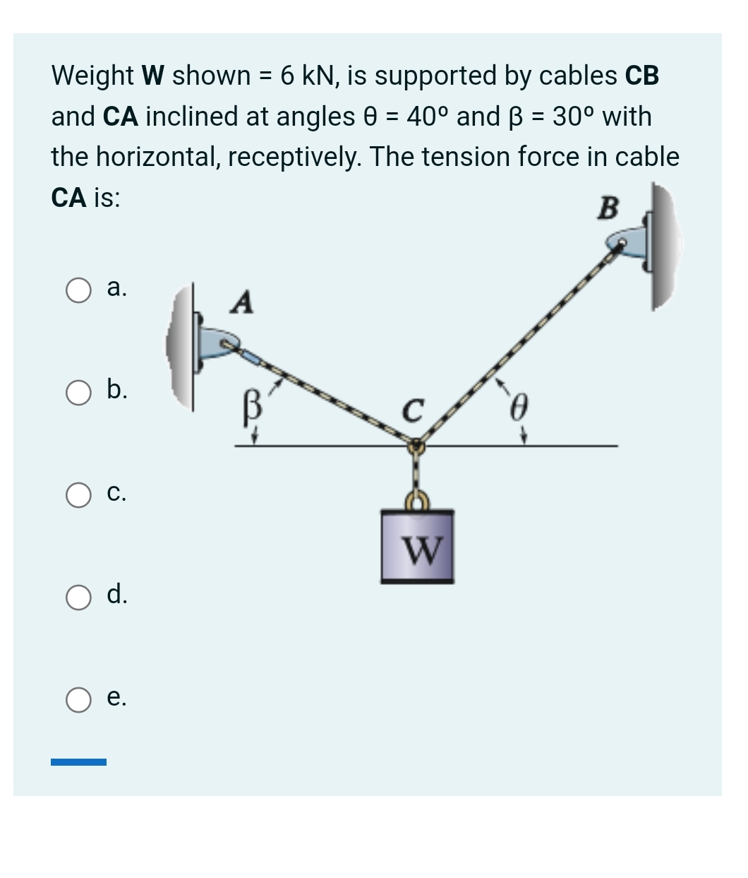 Weight W shown = 6 k N , is supported by cables C