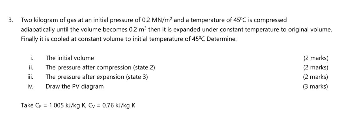 Two kilogram of gas at an initial pressure of 0 .