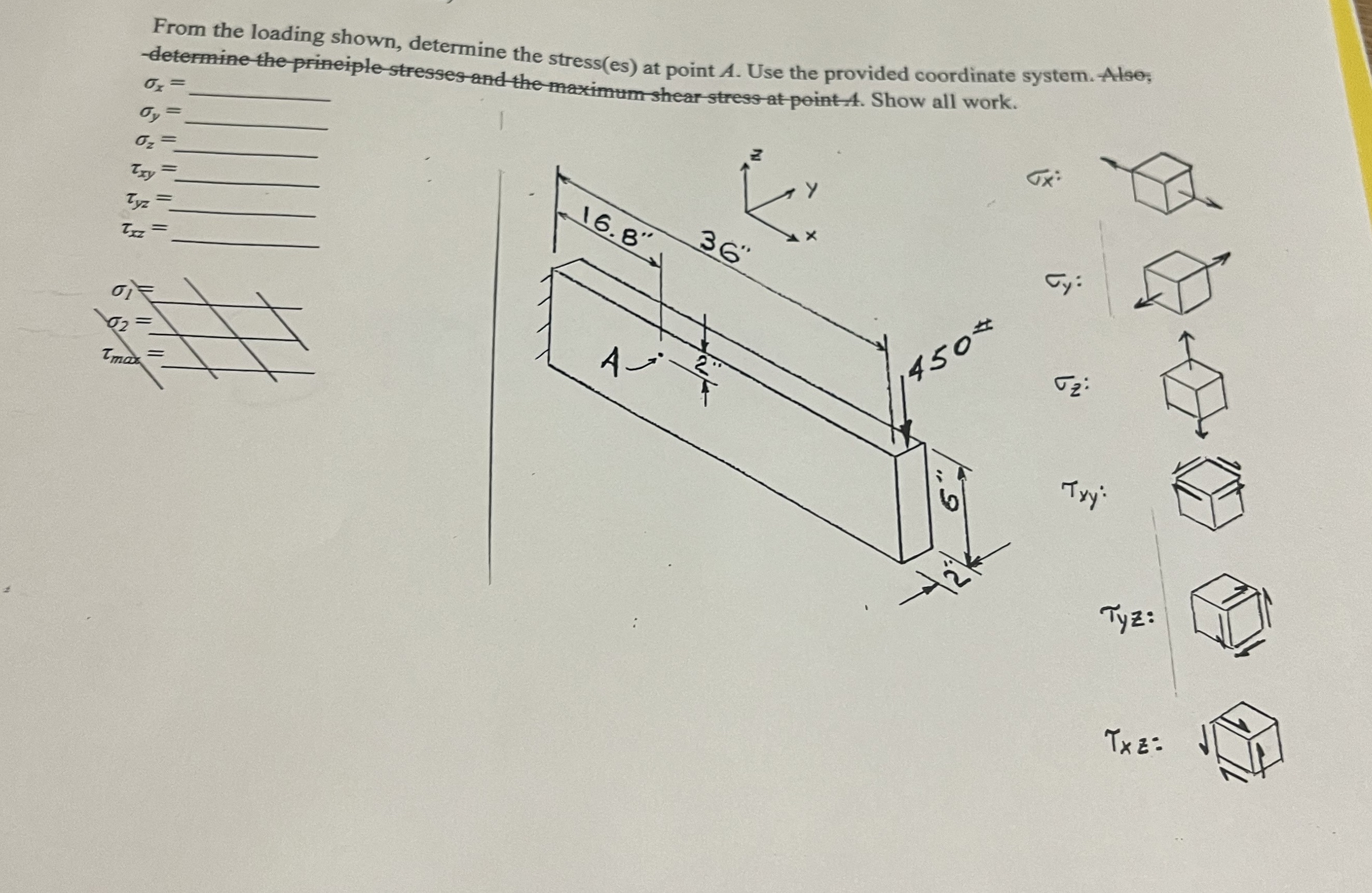 From the loading shown, determine the stress ( es
