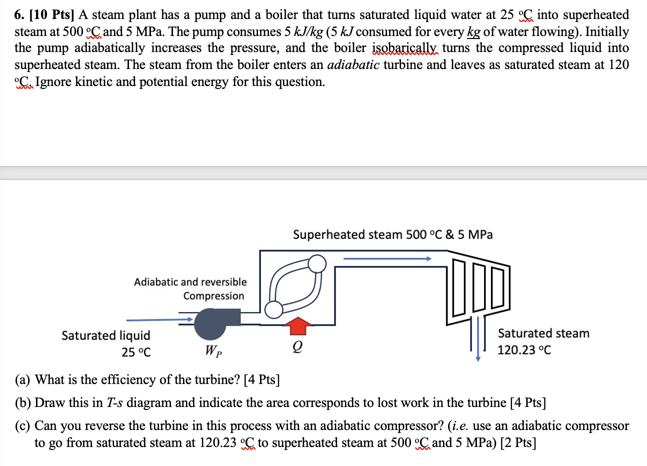 6 . [ 1 0 Pts ] A steam plant has a pump and a