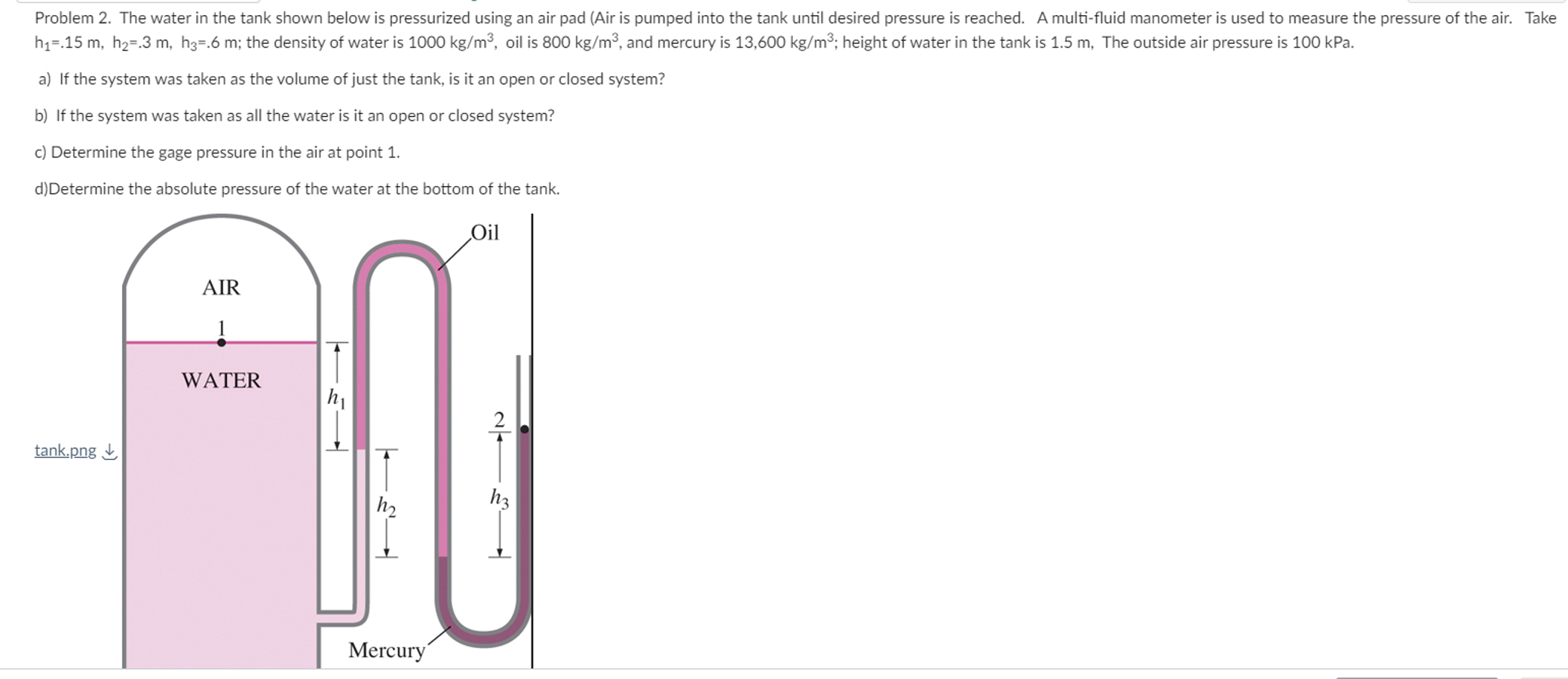 Problem 2 . The water in the tank shown below is