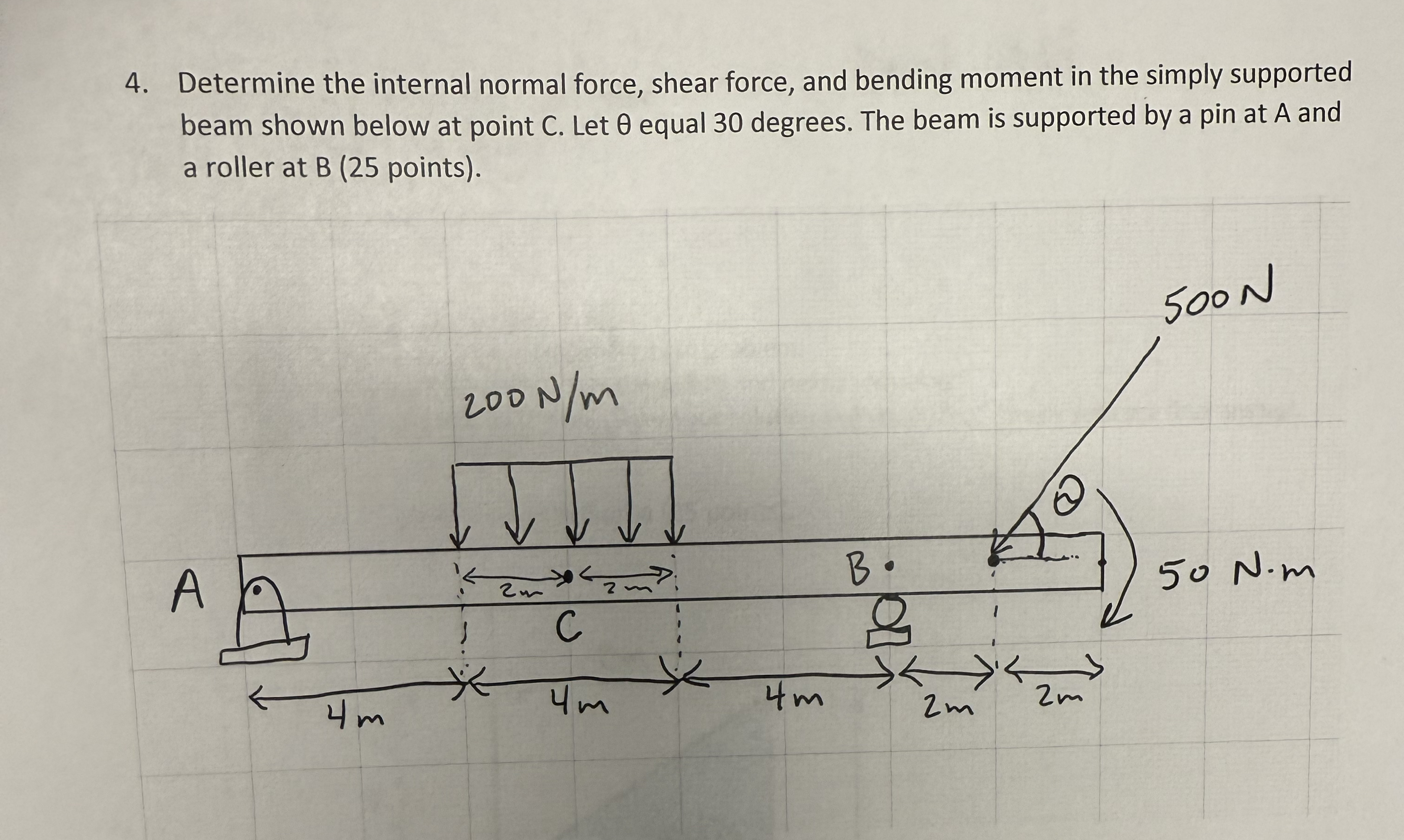 Determine the internal normal force, shear force,