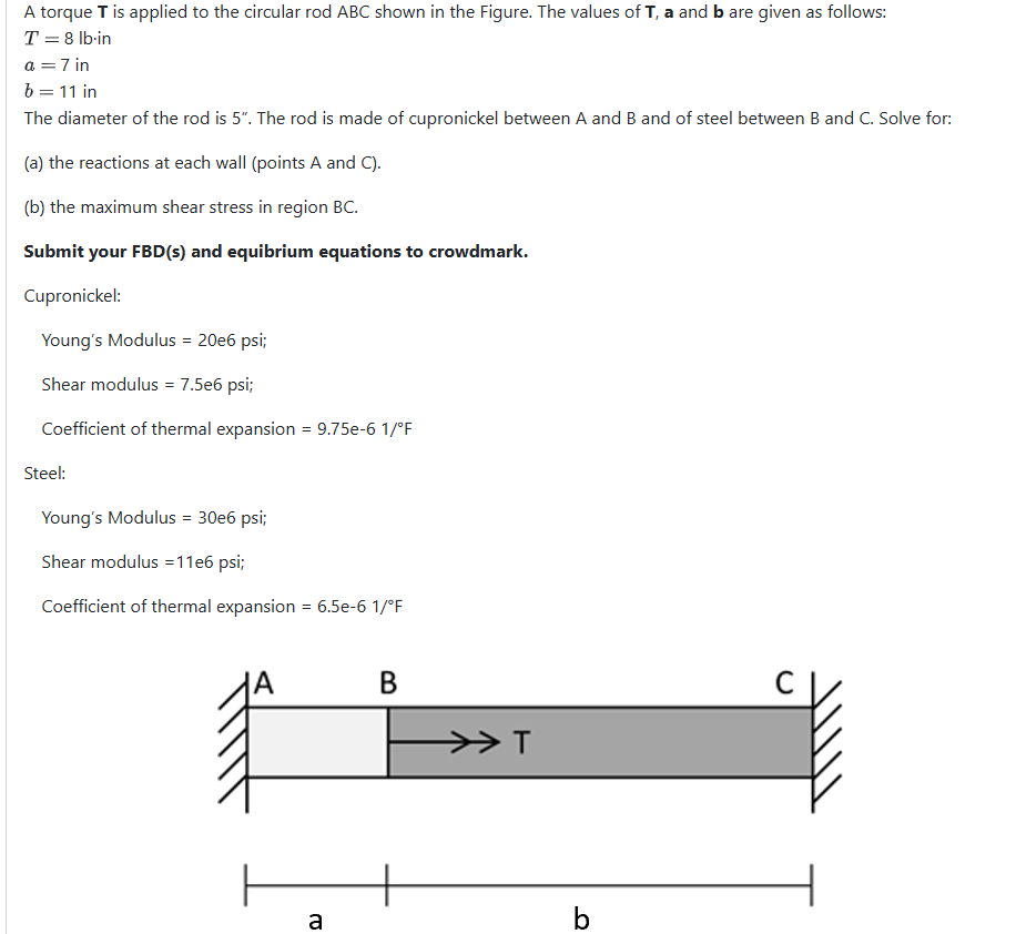 A torque T is applied to the circular rod ABC