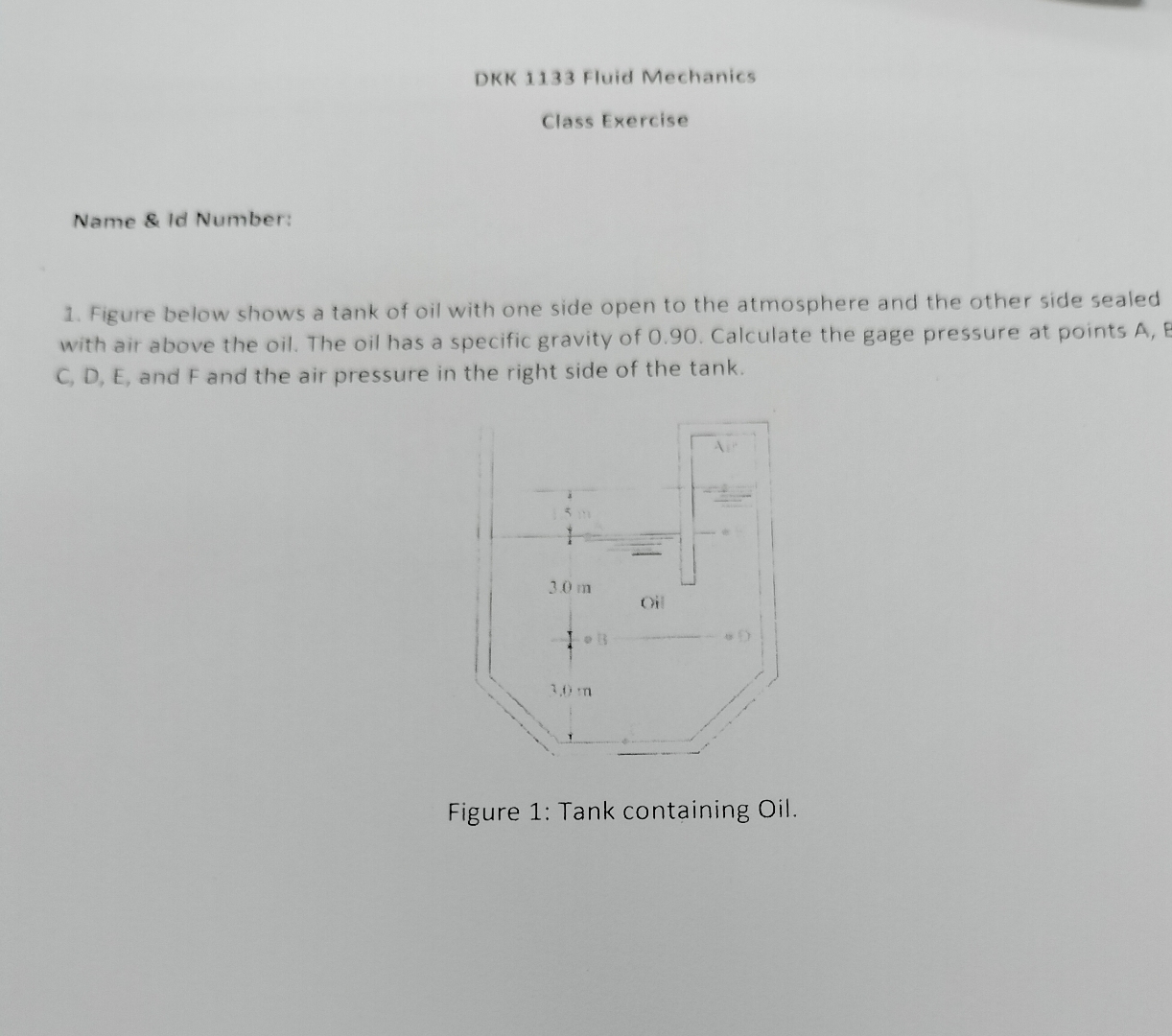 DKK 1 1 3 3 Fluid Mechanics Class Exercise Name &