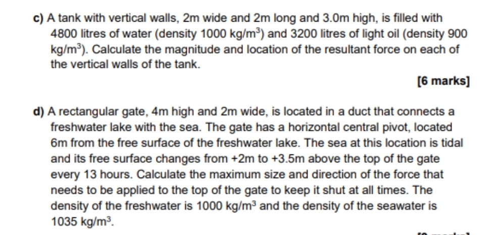 c ) A tank with vertical walls, 2 m wide and 2 m