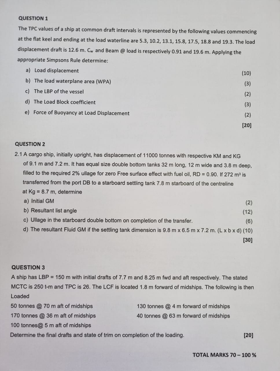 QUESTION 1 The TPC values of a ship at common