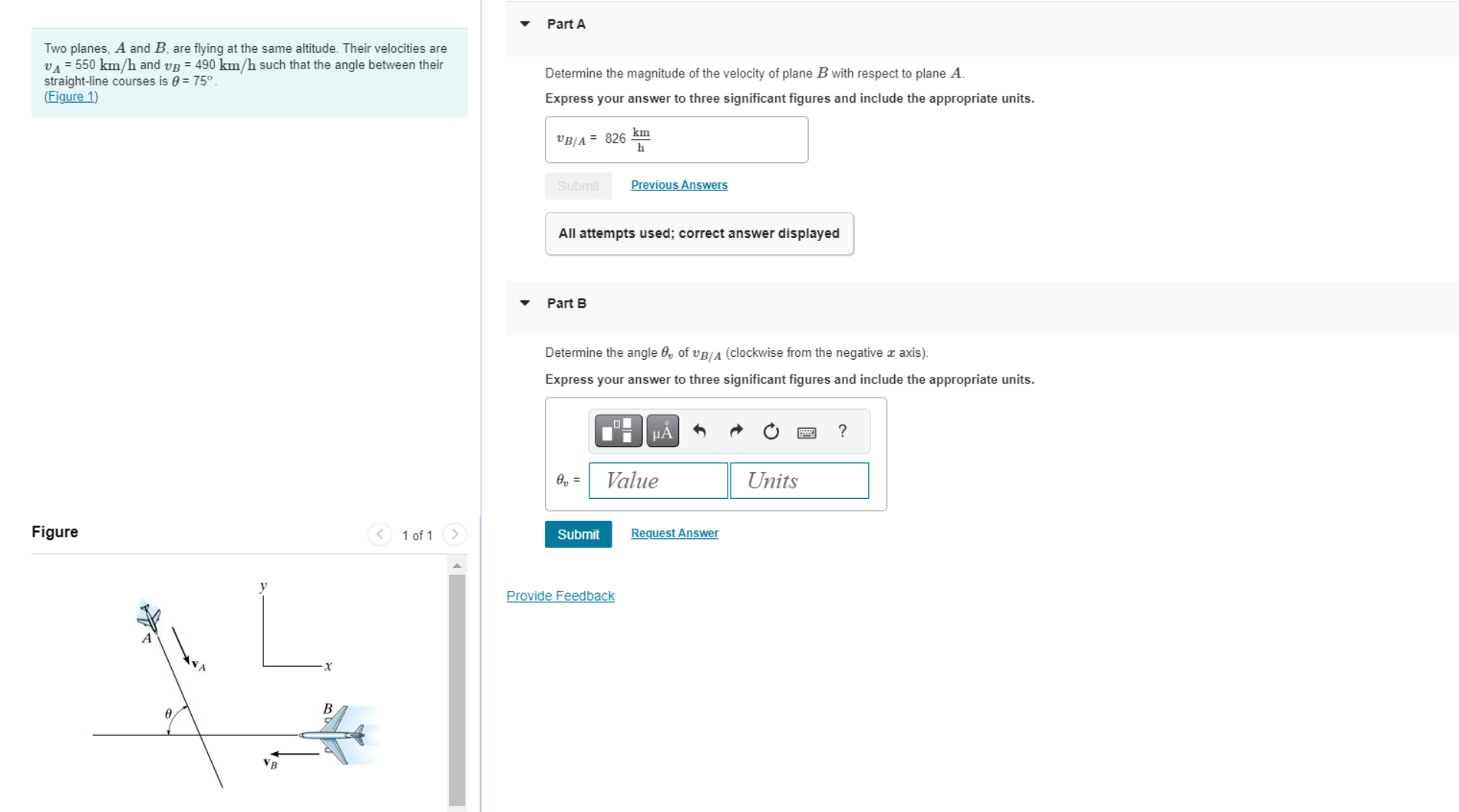 Two planes, A and B , are flying at the same