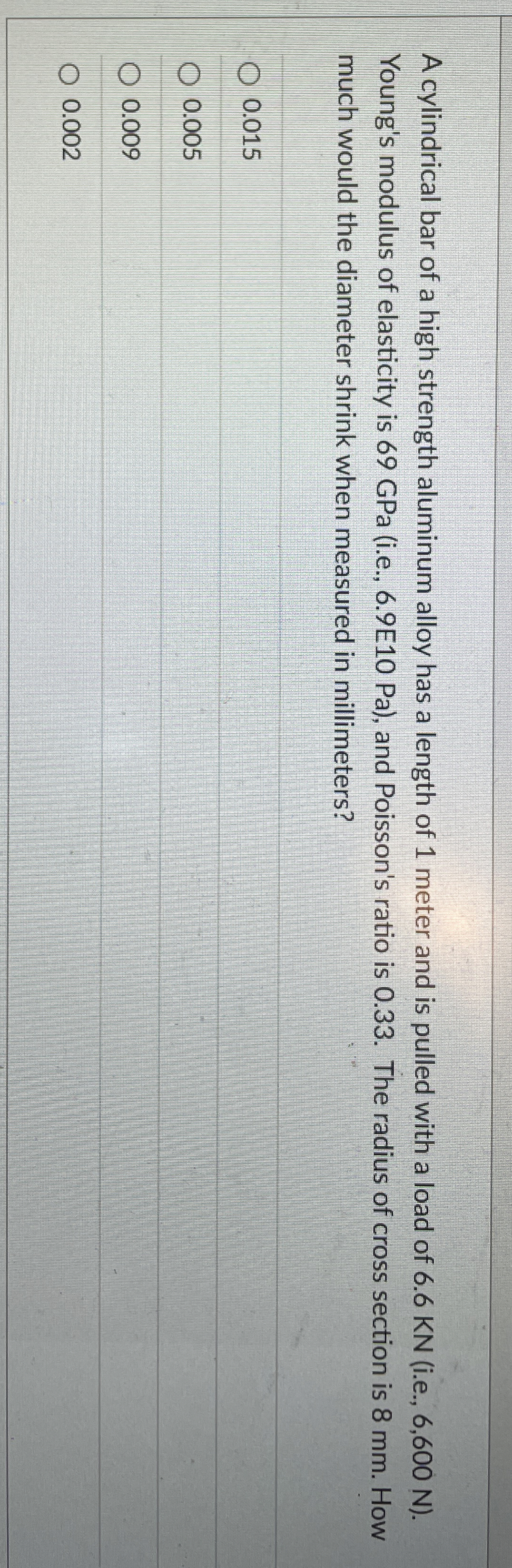 A cylindrical bar of a high strength aluminum