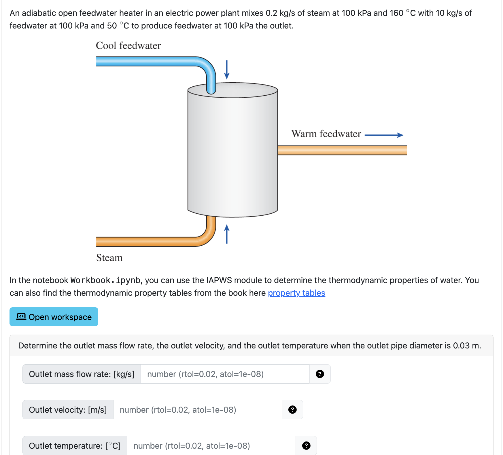 An adiabatic open feedwater heater in an electric