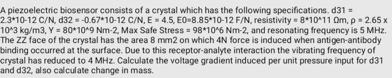 A piezoelectric biosensor consists of a crystal