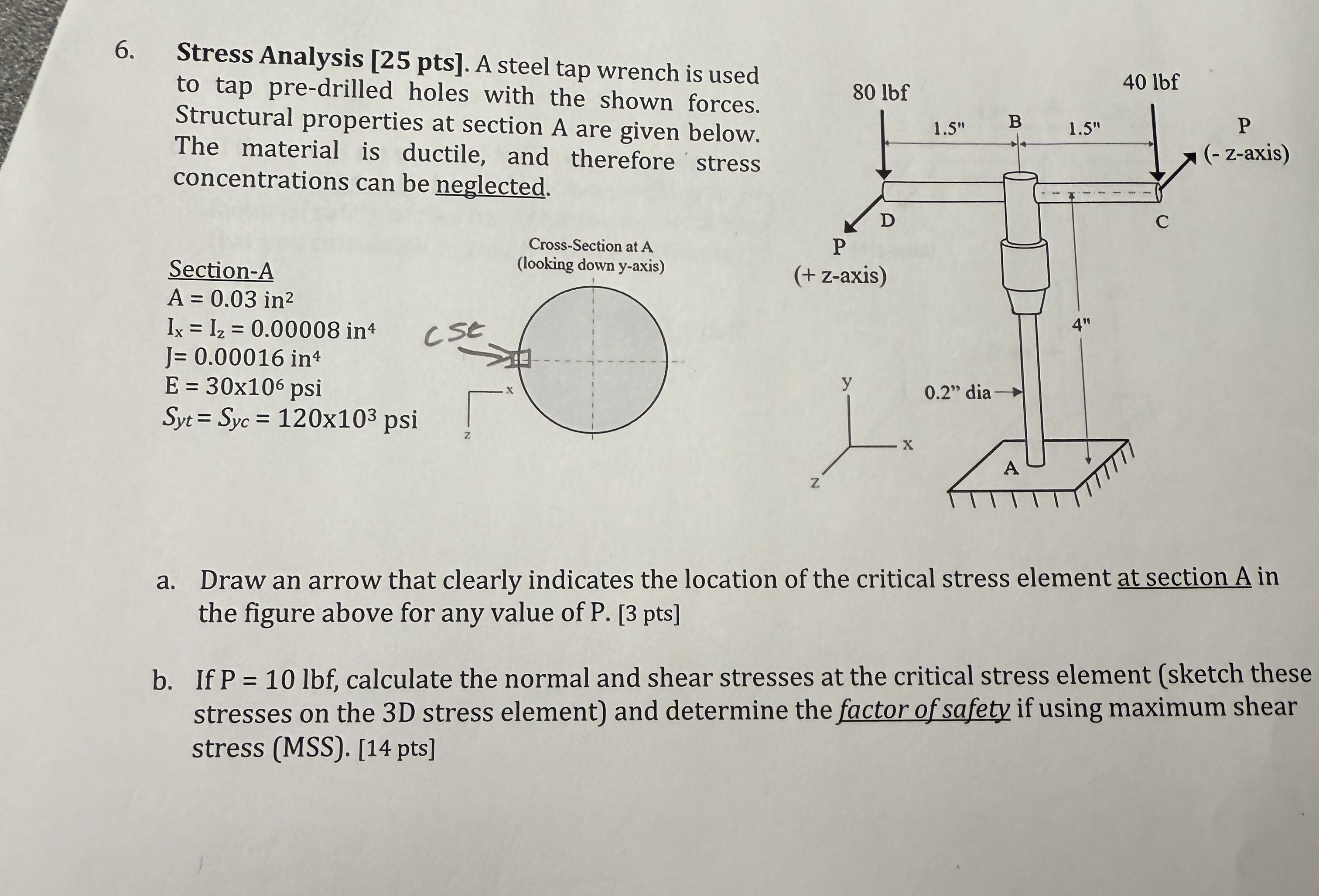 Stress Analysis [ 2 5 pts ] . A steel tap wrench