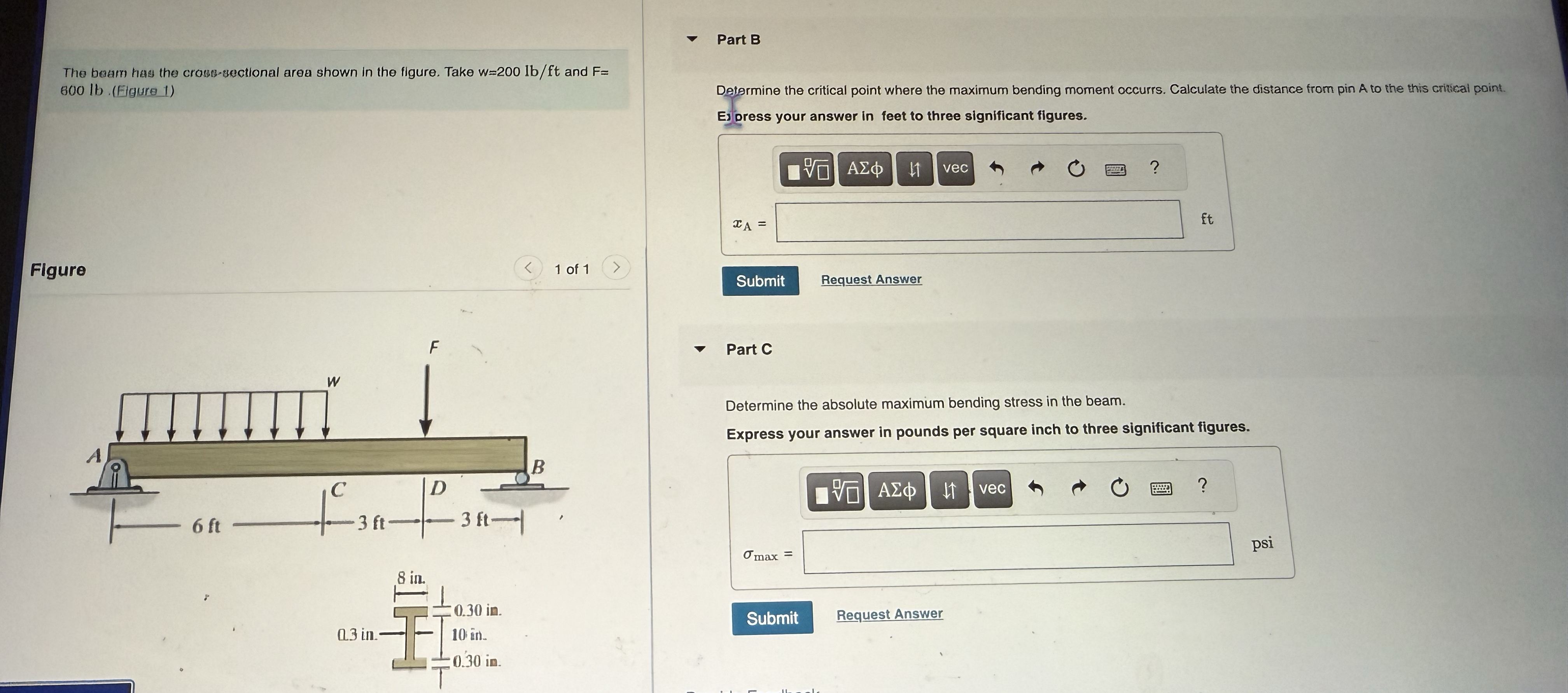 The boam has the cross - sectional area shown in