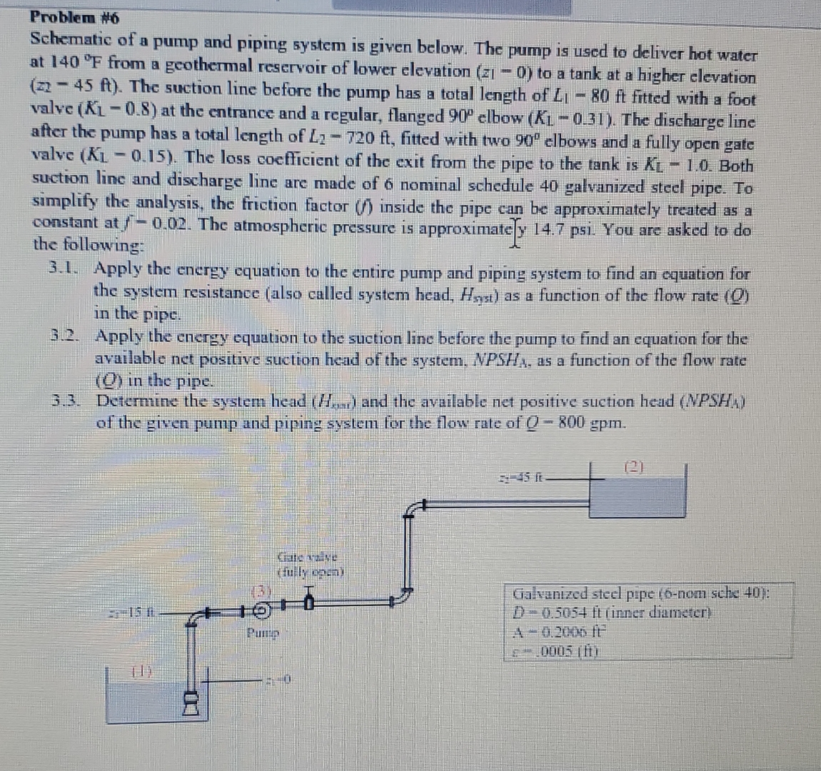 Problem # 6 Schematic of a pump and piping system