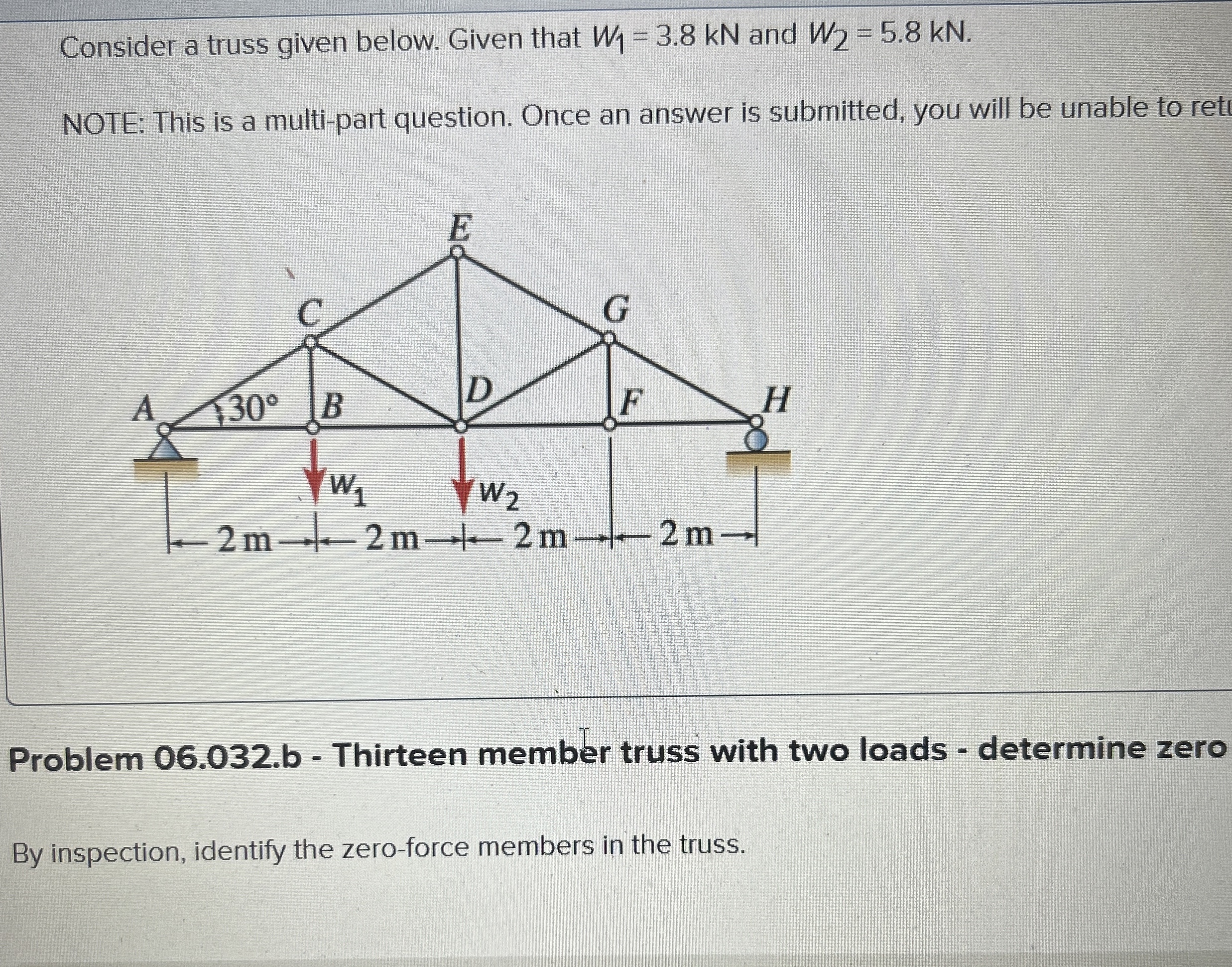 Consider a truss given below. Given that W 1 = 3