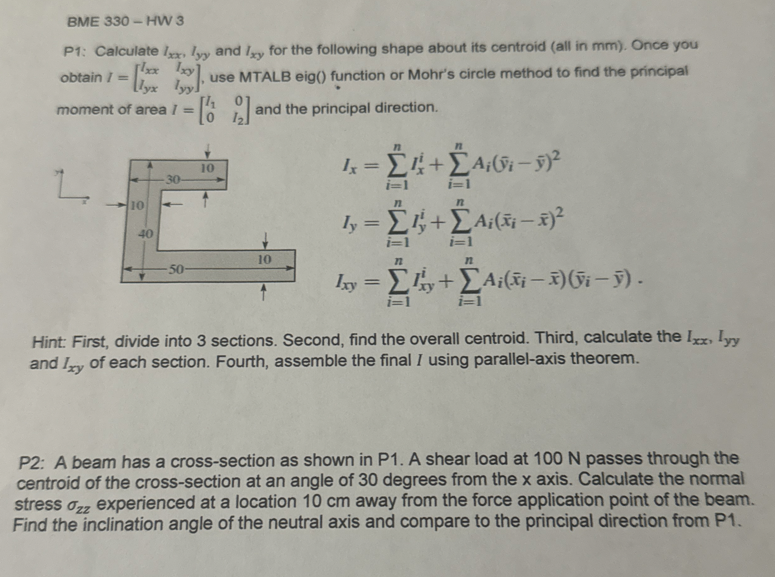 BME 3 3 0 - HW 3 P 1 : Calculate I , I y y and I