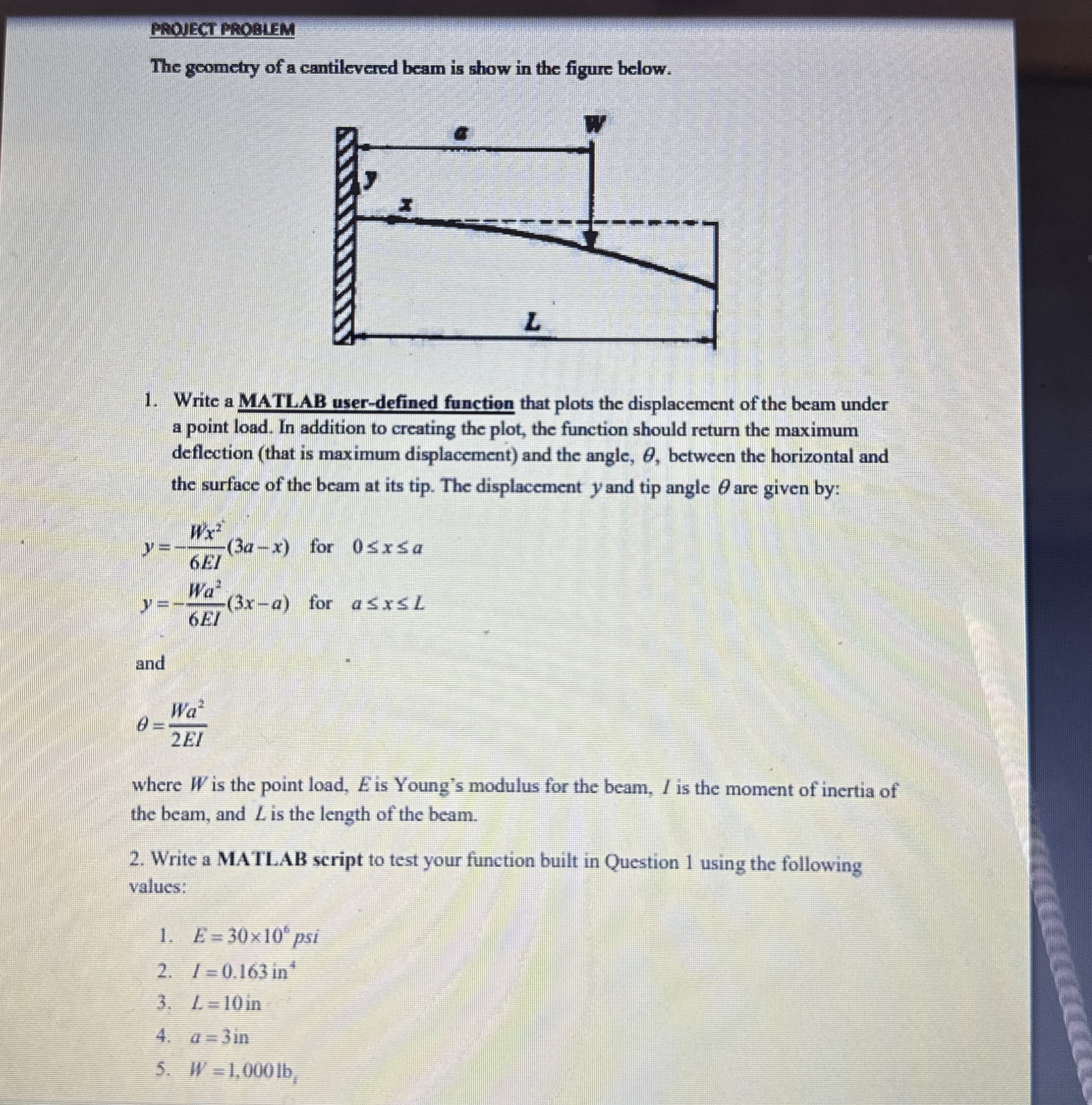 PROJECT PROBIEM The geometry of a cantilevered