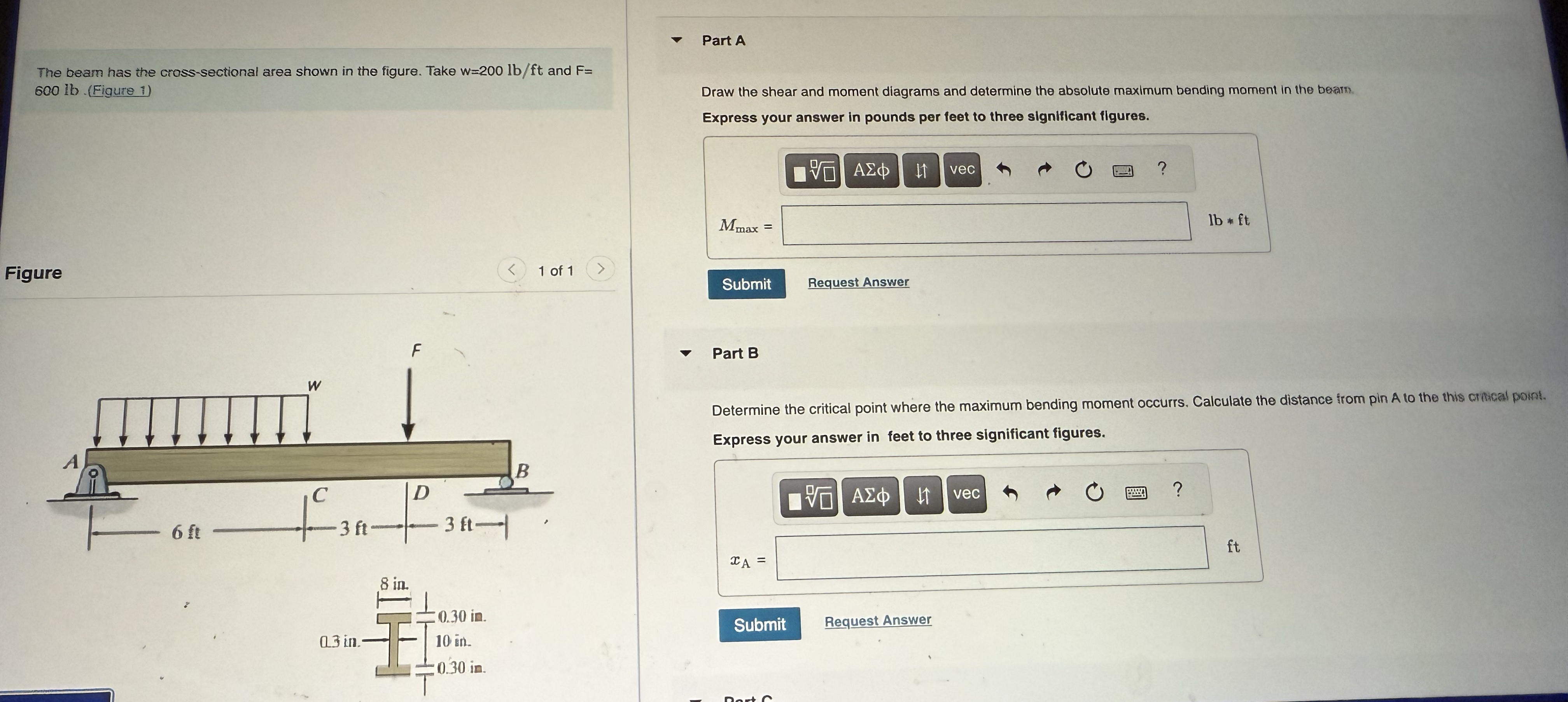 The beam has the cross - sectional area shown in