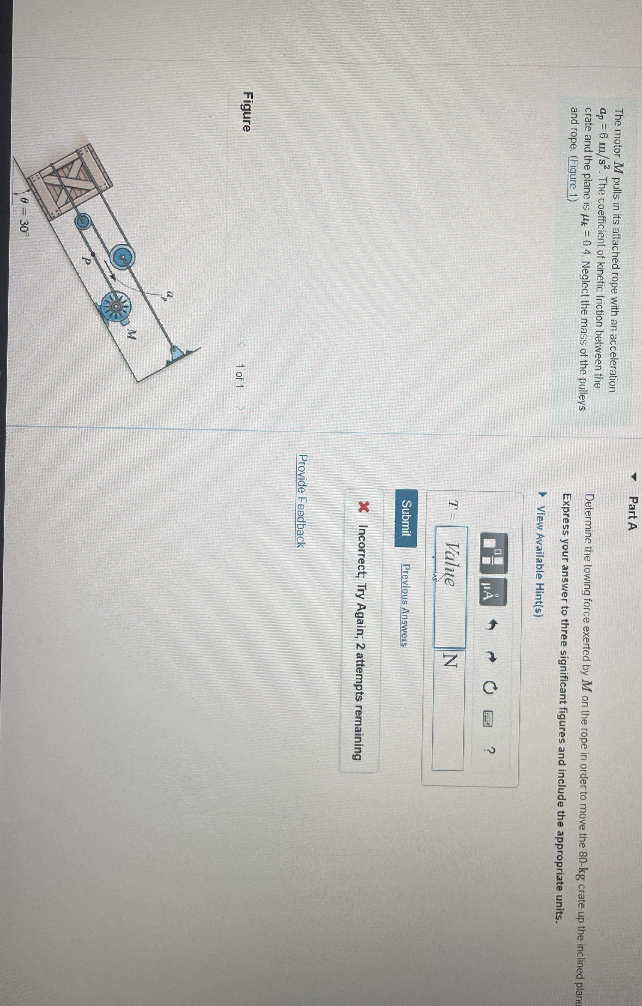 The motor M pulls in its attached rope with an