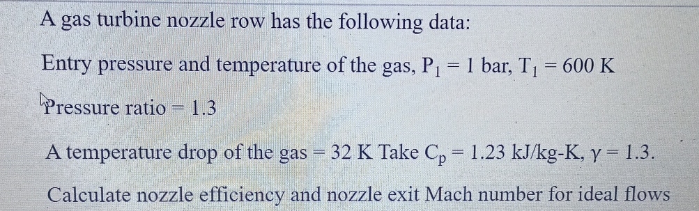 A gas turbine nozzle row has the following data: